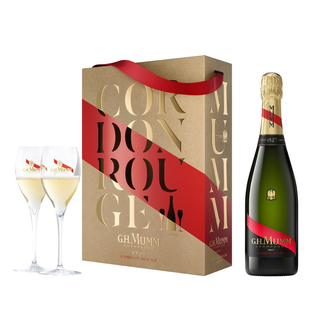 Buy G.H. Mumm G.H. Mumm Cordon Rouge (750mL) Champagne Gift Pack + Two Champagne Glasses at Secret Bottle